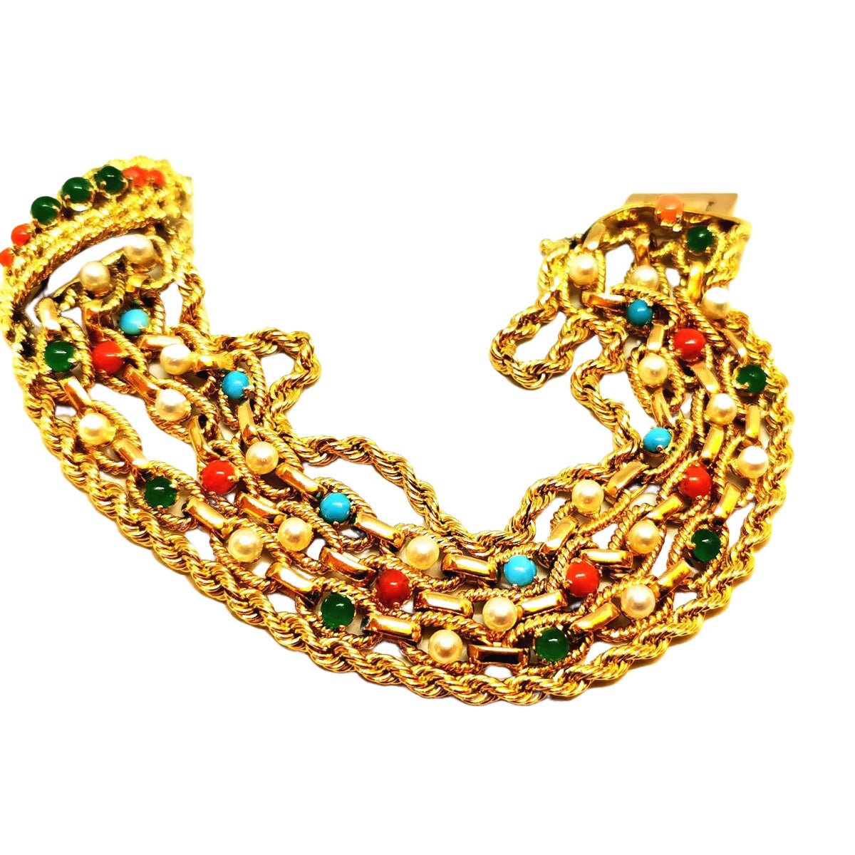 Bracelet Manchette maille en or jaune, cornaline, chrysoprases, turquoise et perles