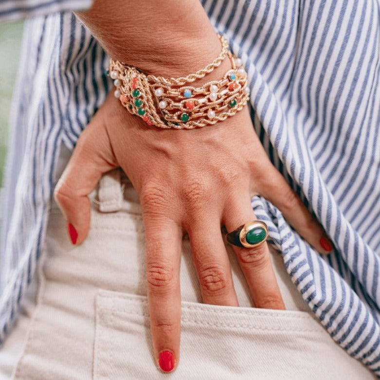 Bracelet Manchette maille en or jaune, cornaline, chrysoprases, turquoise et perles