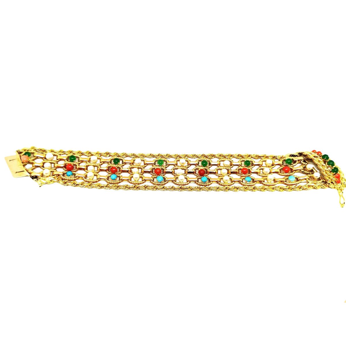 Bracelet Manchette maille en or jaune, cornaline, chrysoprases, turquoise et perles