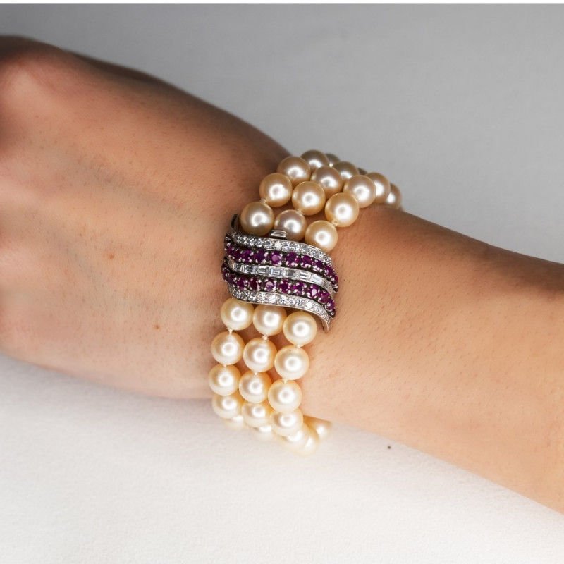 Bracelet or gris diamants rubis perles - Castafiore