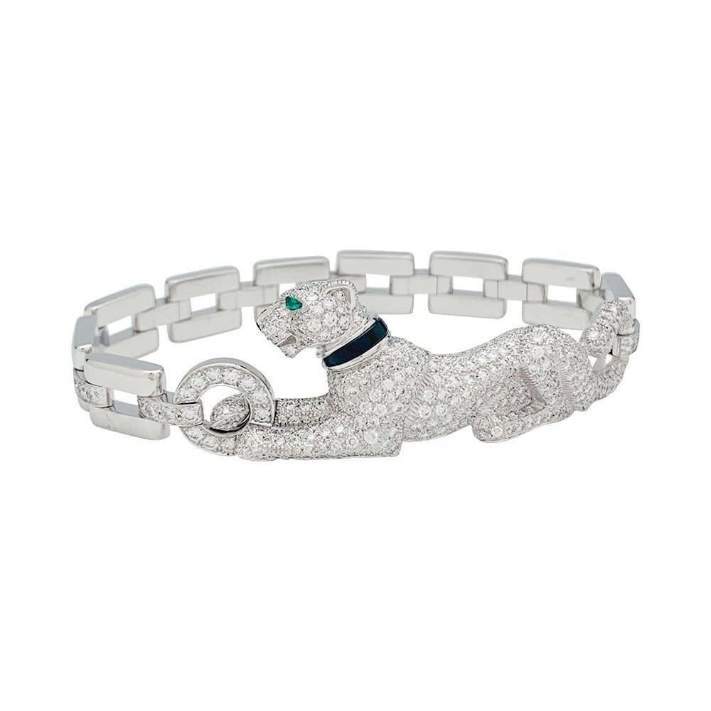 Bracelet "Panthère " CARTIER en or blanc, diamants, émeraude et onyx - Castafiore