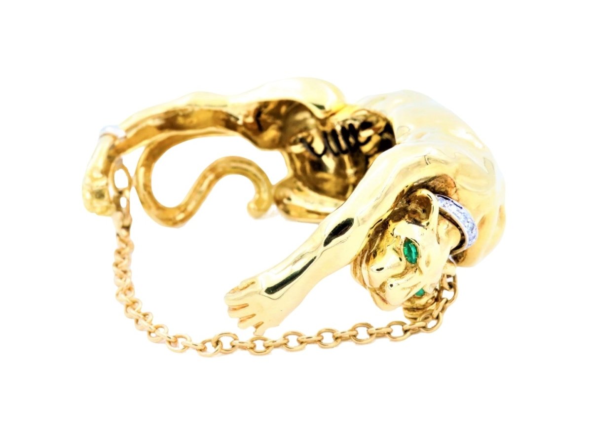Bracelet Panthère en or jaune, or blanc, émeraudes et diamants - Castafiore