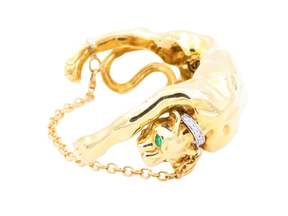 Bracelet Panthère en or jaune, or blanc, émeraudes et diamants - Castafiore