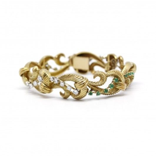 Bracelet Rigide en or jaune, diamants et émeraudes - Castafiore