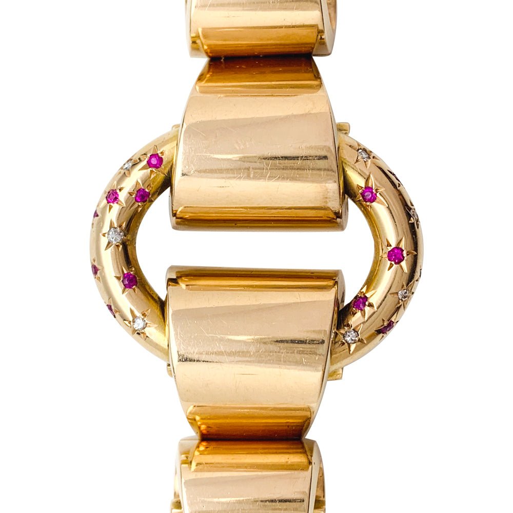 Bracelet Tank en or rose, diamants et pierres rouges - Castafiore