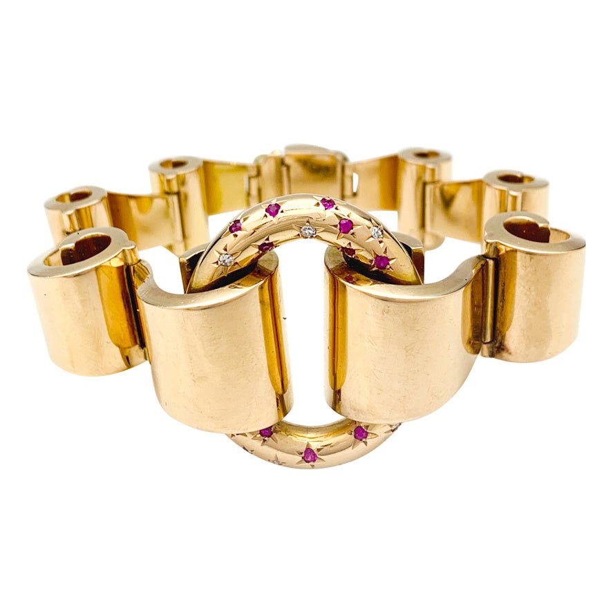 Bracelet Tank en or rose, diamants et pierres rouges - Castafiore