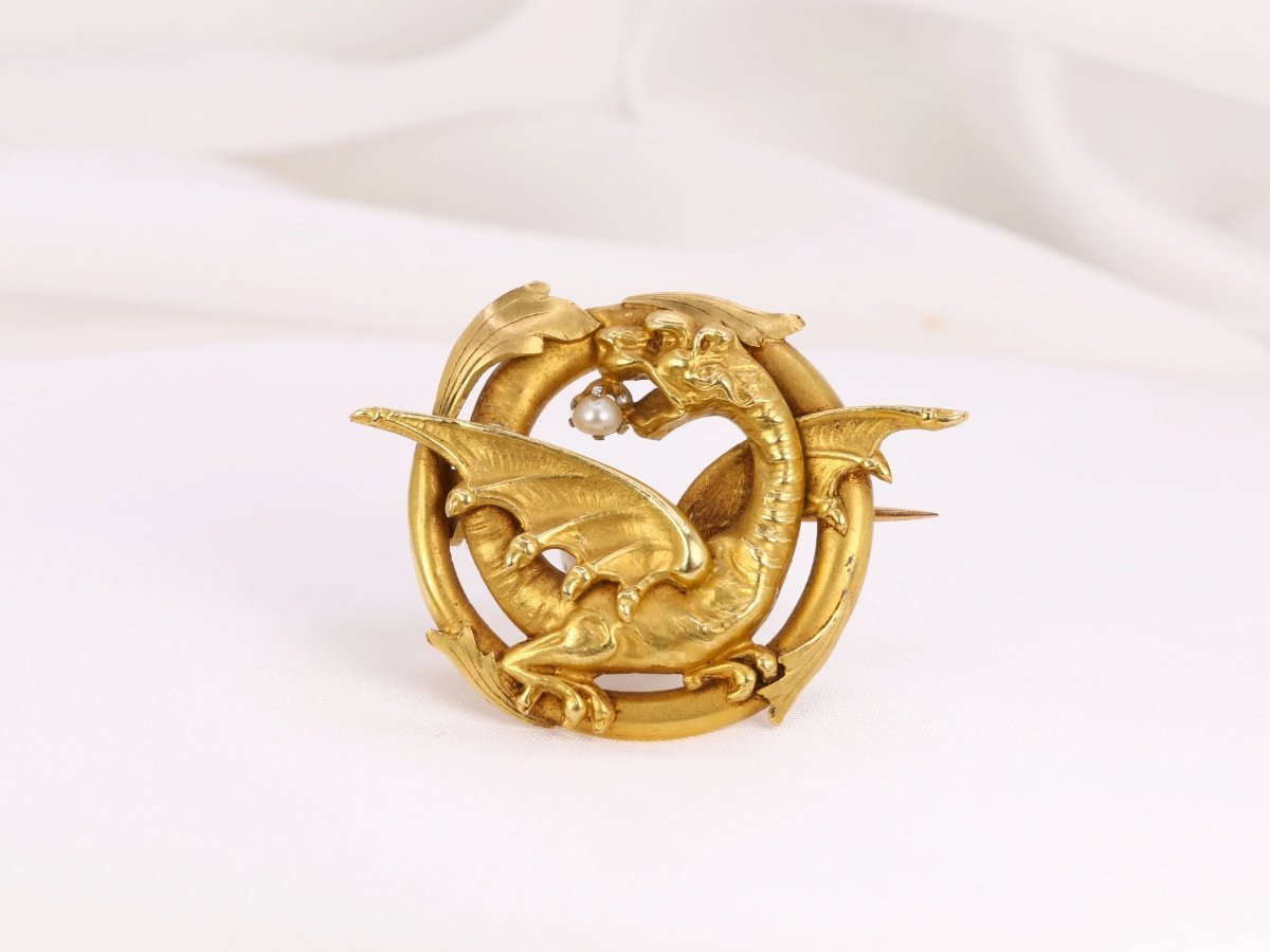 Broche ancienne chimère en or 18k et perle fine - fin du XIXe siècle - Castafiore