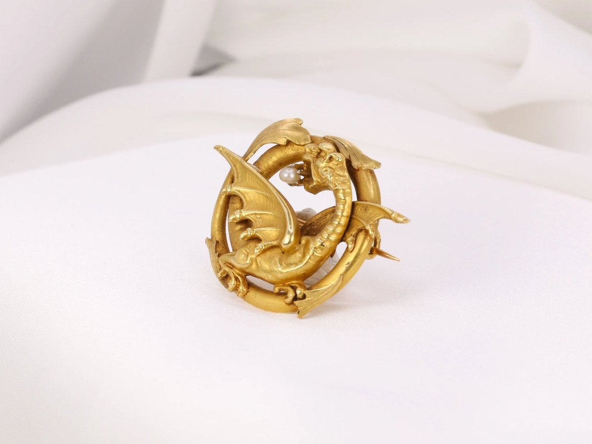 Broche ancienne chimère en or 18k et perle fine - fin du XIXe siècle - Castafiore