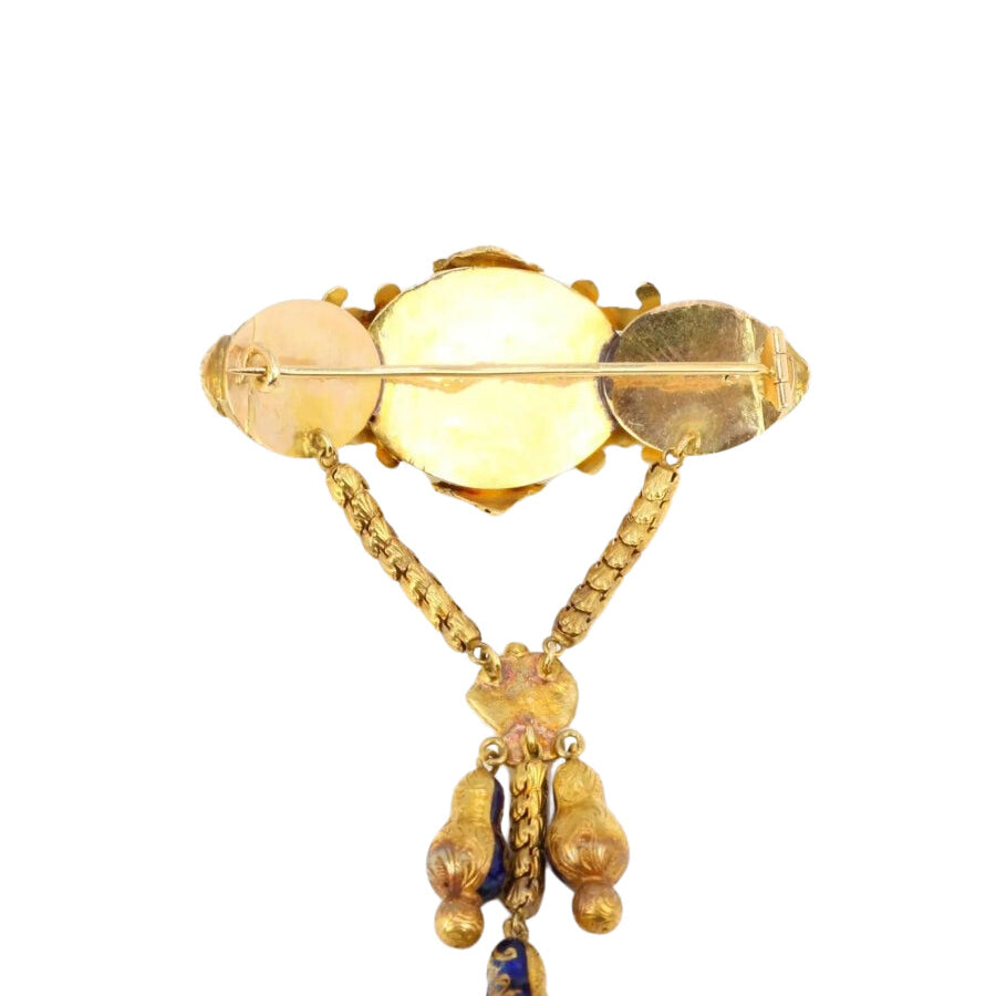 Broche ancienne Napoléon III en or, perles et émail bleu - Castafiore
