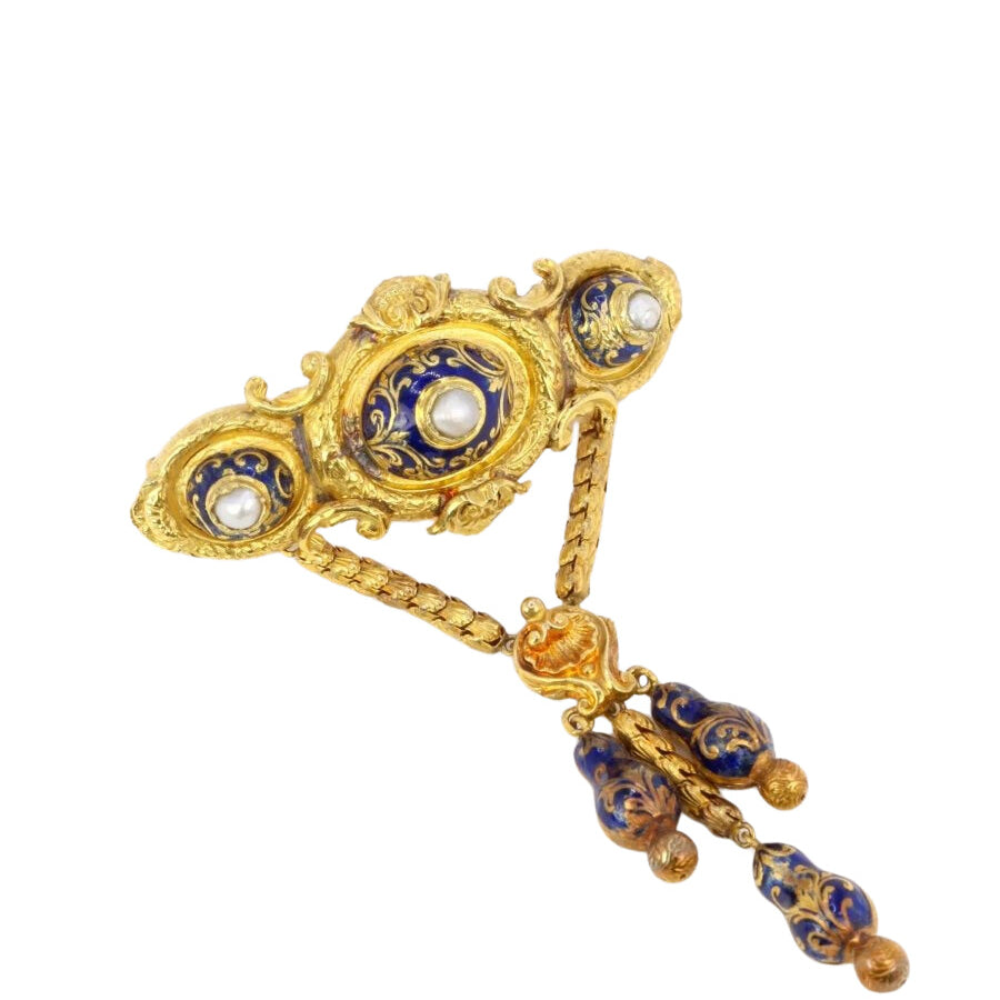 Broche ancienne Napoléon III en or, perles et émail bleu - Castafiore