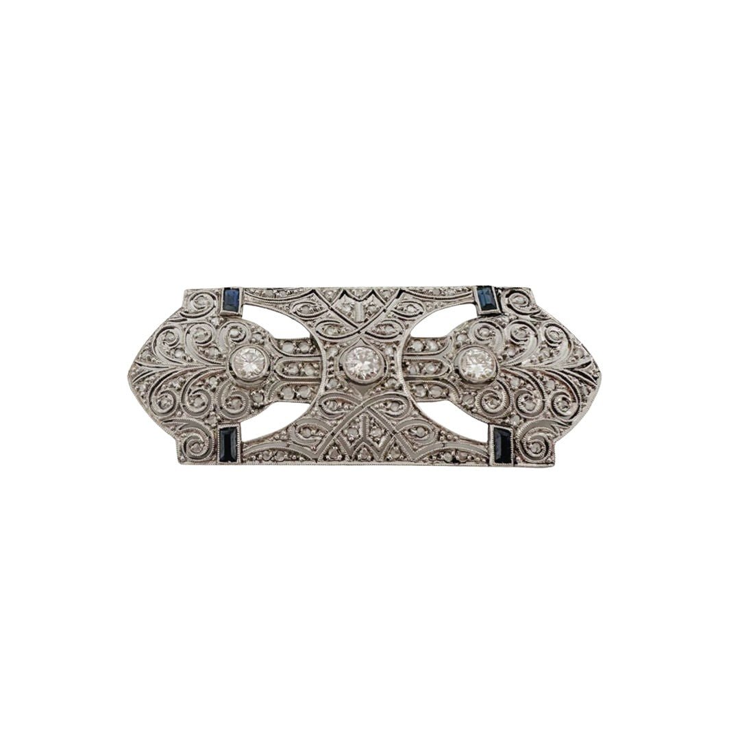 Broche Art déco en platine, or blanc, saphirs et diamants - Castafiore