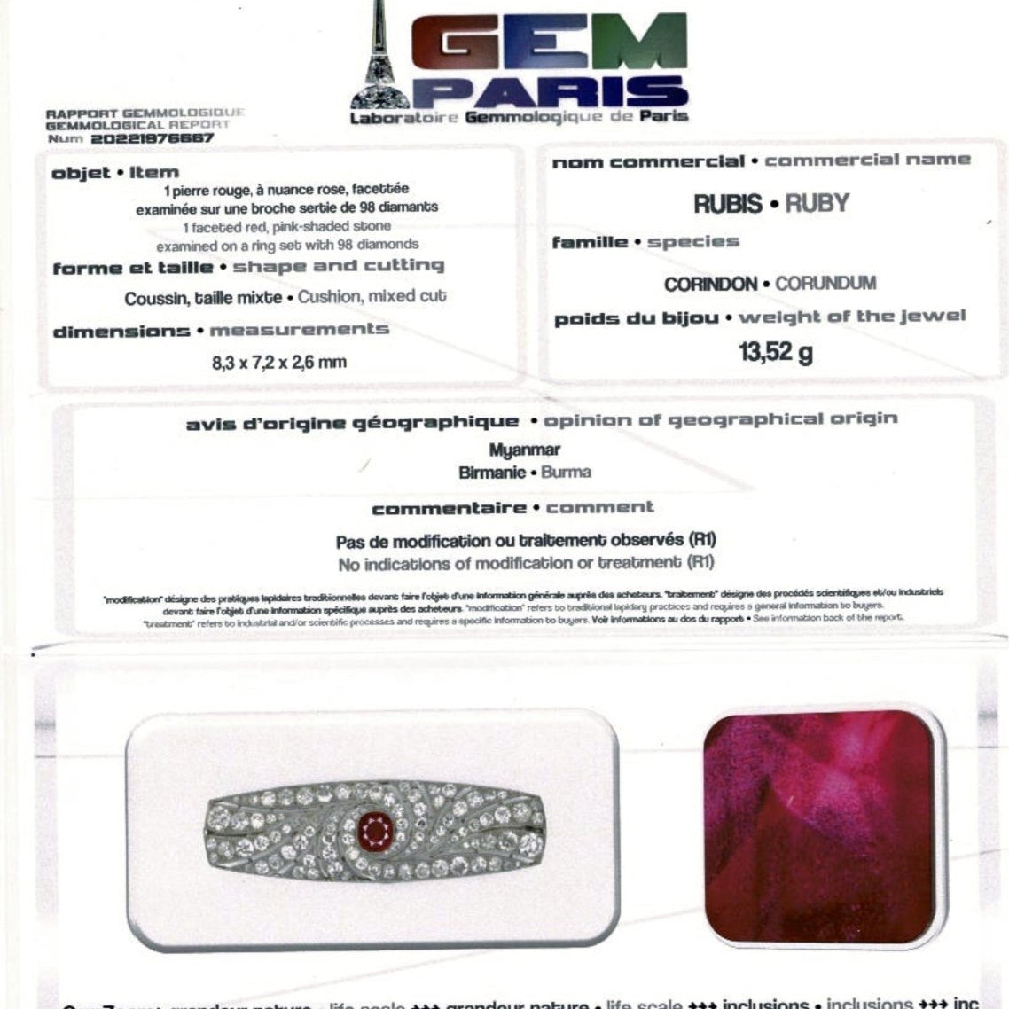 Broche Art Déco en platine, rubis et diamants - Castafiore
