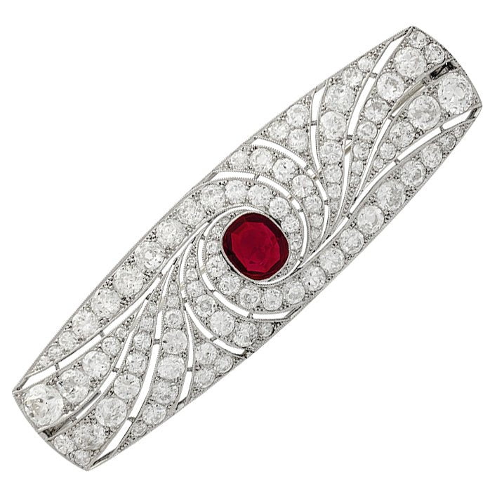 Broche Art Déco en platine, rubis et diamants - Castafiore