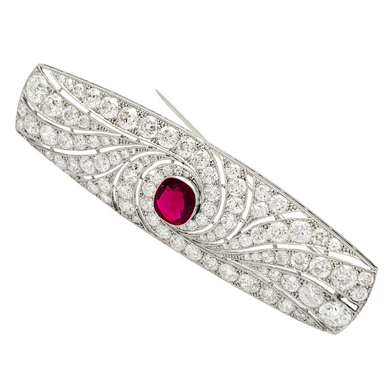 Broche Art Déco en platine, rubis et diamants - Castafiore