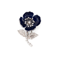 Broche BOUCHERON "Eglantine" en or blanc, platine, émail bleu et diamants - Castafiore
