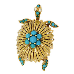 Broche Civanyan, "Tortue", or jaune, turquoises - Castafiore