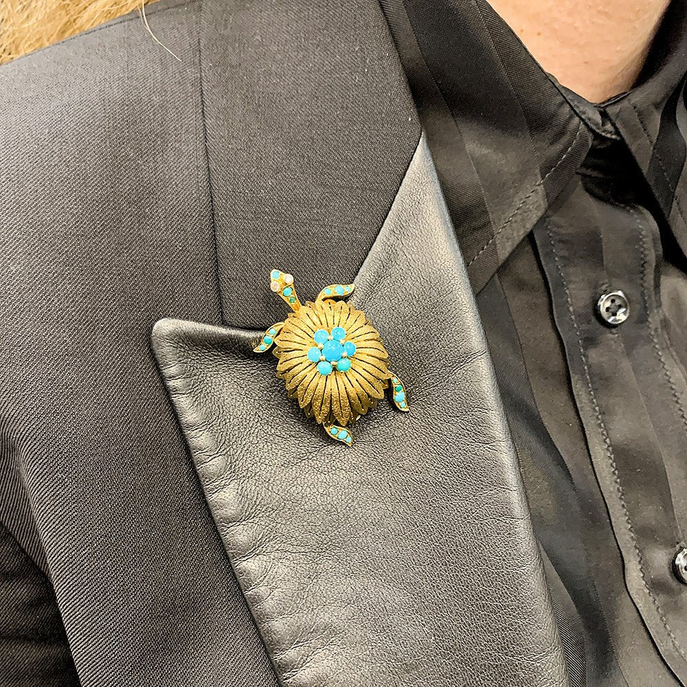 Broche Civanyan, "Tortue", or jaune, turquoises - Castafiore