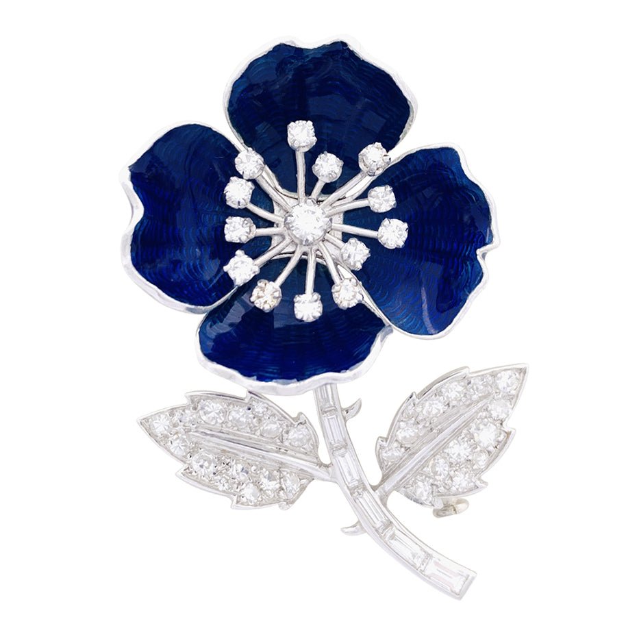 BOUCHERON "Eglantine" pin brooch in white gold, platinum, enamel and d – Castafiore