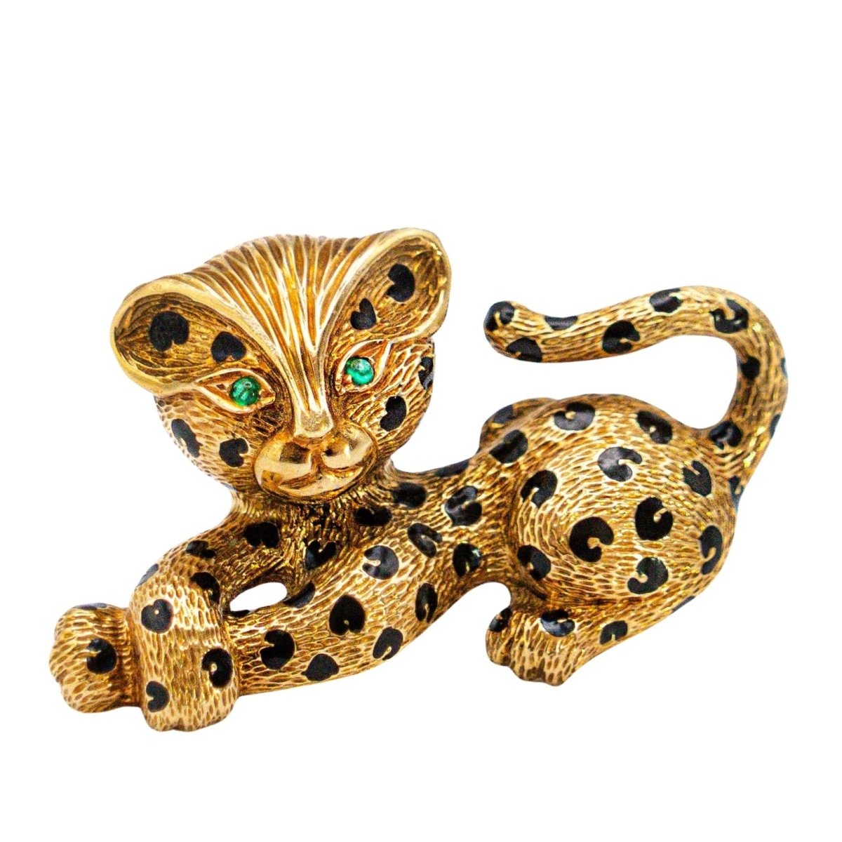 Broche Clip FRED Panthère en or jaune, email et émeraude - Castafiore