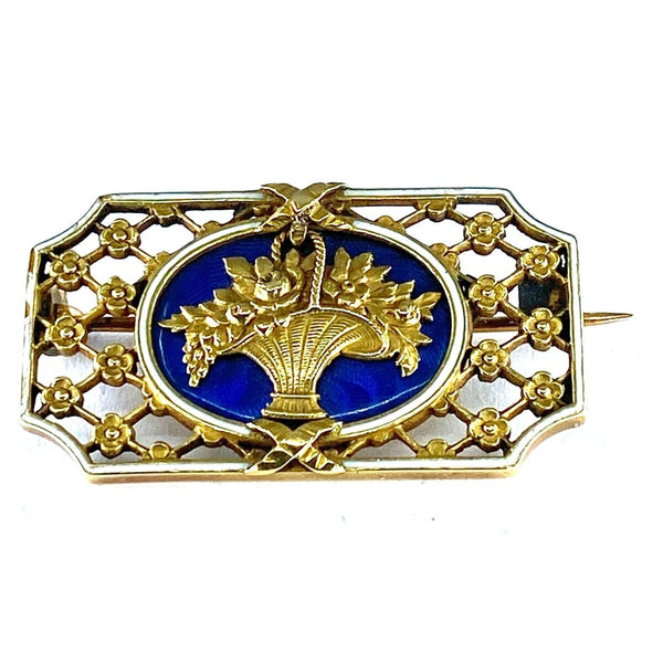 Broche Vintage Panier Fleur En émail Et Porcelaine Avec Cristaux - Bijou Ancien Or, Circa 1882