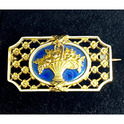 Broche en or 18 carats : panier fleuri , émail bleu et blanc.Napoléon III. - Castafiore