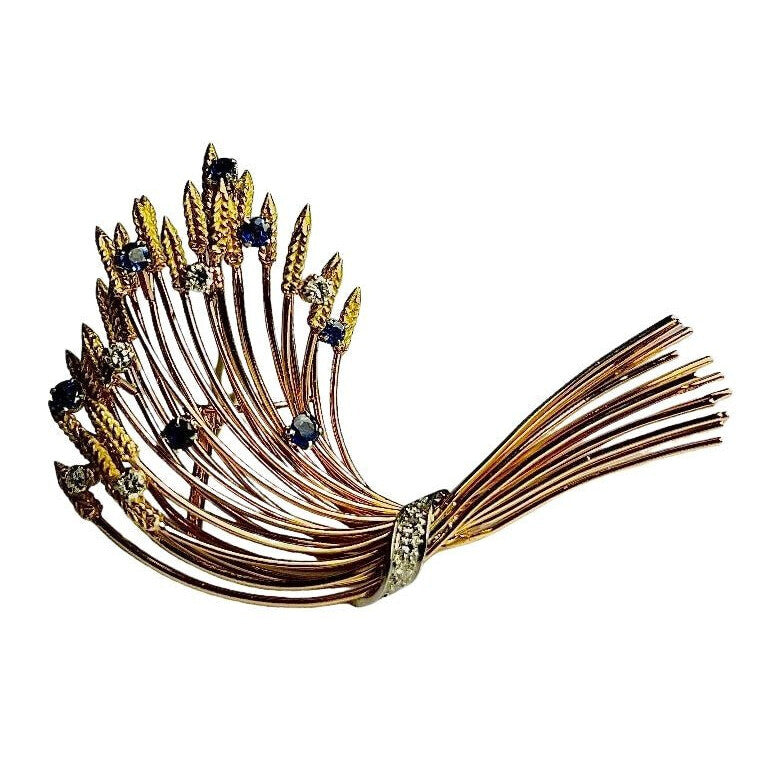 Broche Epi de blés en or jaune, diamants et saphirs - Castafiore
