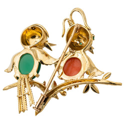 Broche Épingle Oiseaux en or jaune, émeraude, rubis, chrysoprase et corail - Castafiore