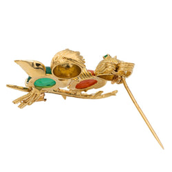 Broche Épingle Oiseaux en or jaune, émeraude, rubis, chrysoprase et corail - Castafiore