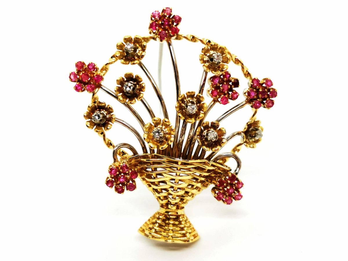 Broche fleur en 2 ors, diamants et rubis - Castafiore