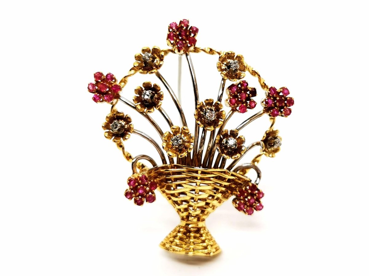 Broche fleur en 2 ors, diamants et rubis - Castafiore