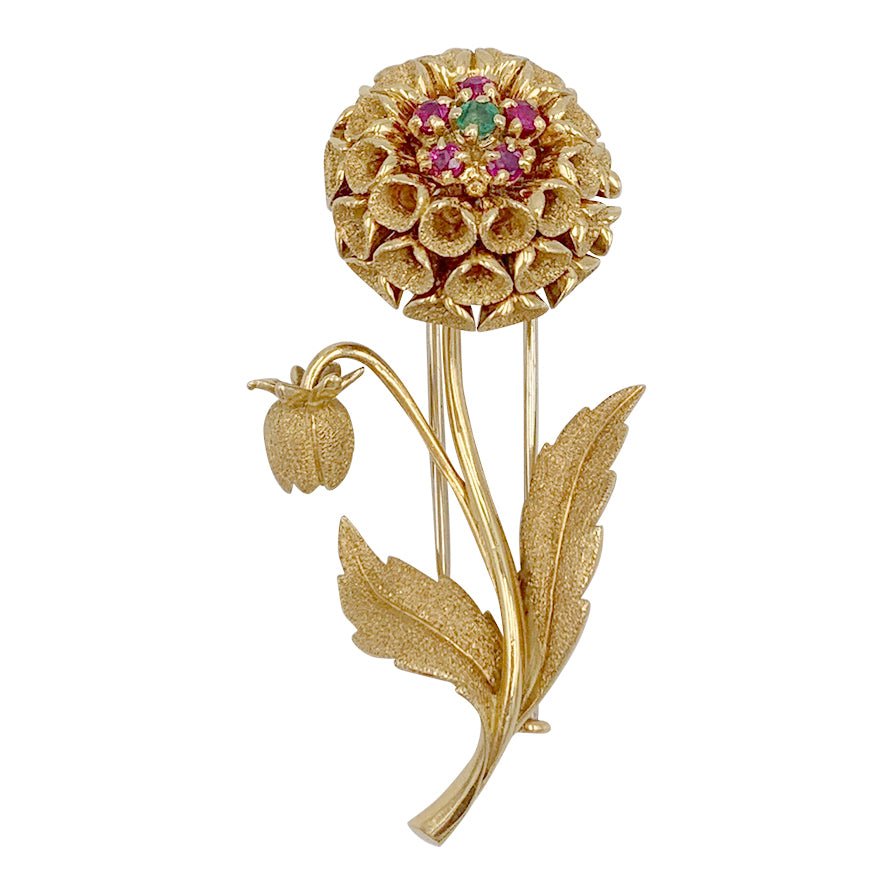 Broche fleur or jaune, pierres de couleur - Castafiore