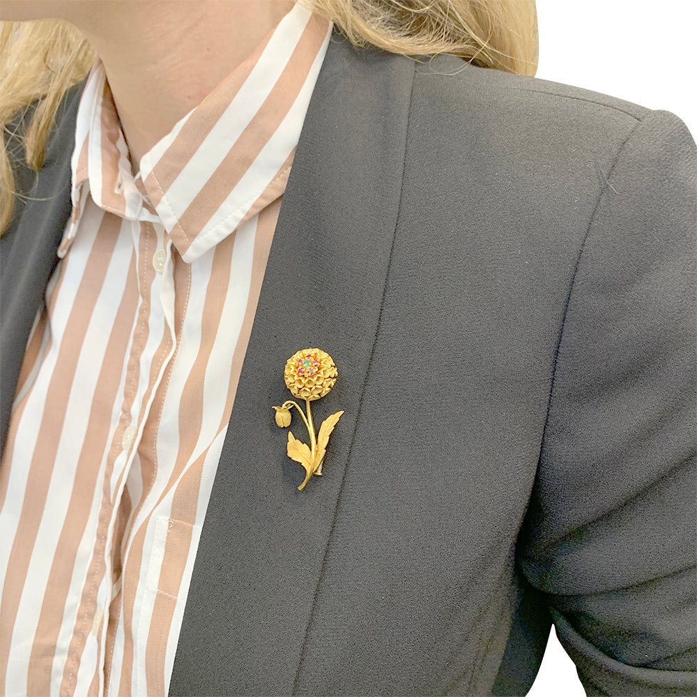 Broche fleur or jaune, pierres de couleur - Castafiore