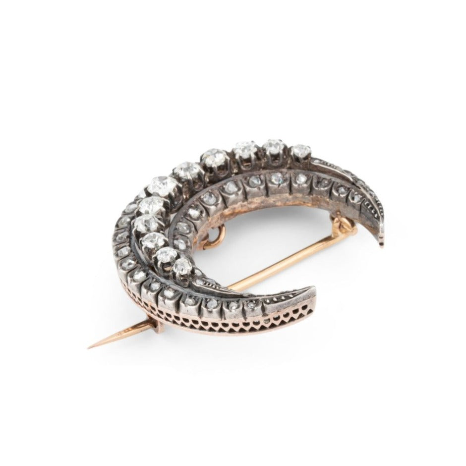 Broche "Lune" en or jaune, argent et diamants - Castafiore