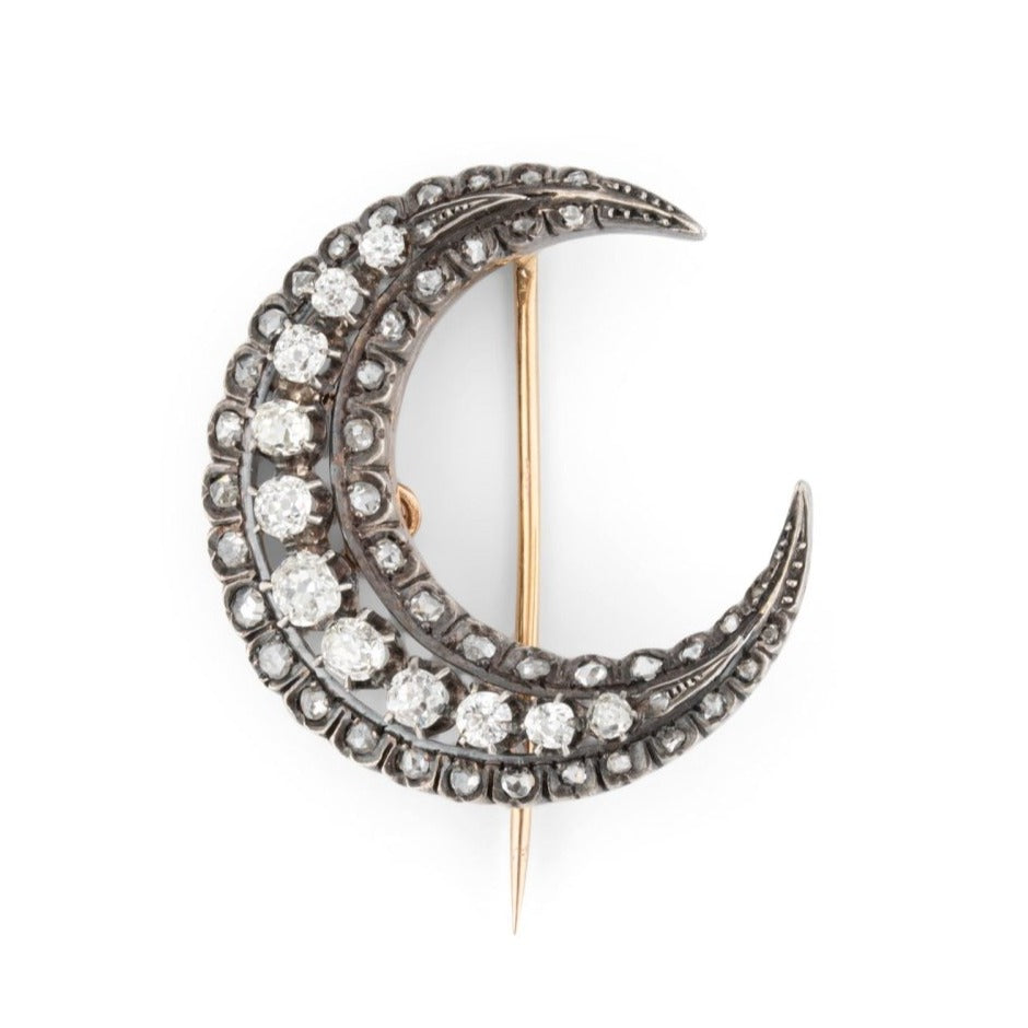 Broche "Lune" en or jaune, argent et diamants - Castafiore