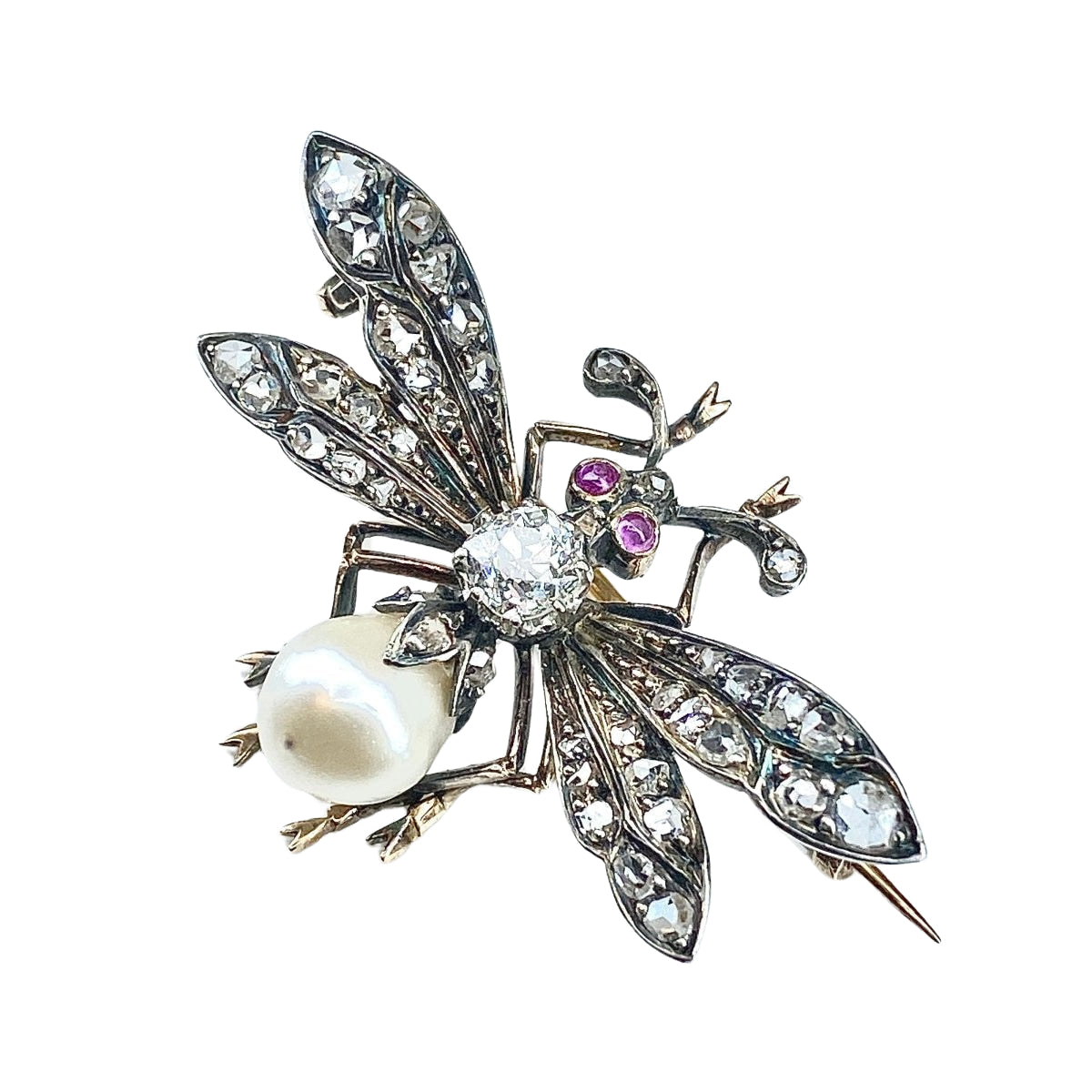 Broche Mouche en or jaune, argent, perles fines, rubis et diamants - Castafiore