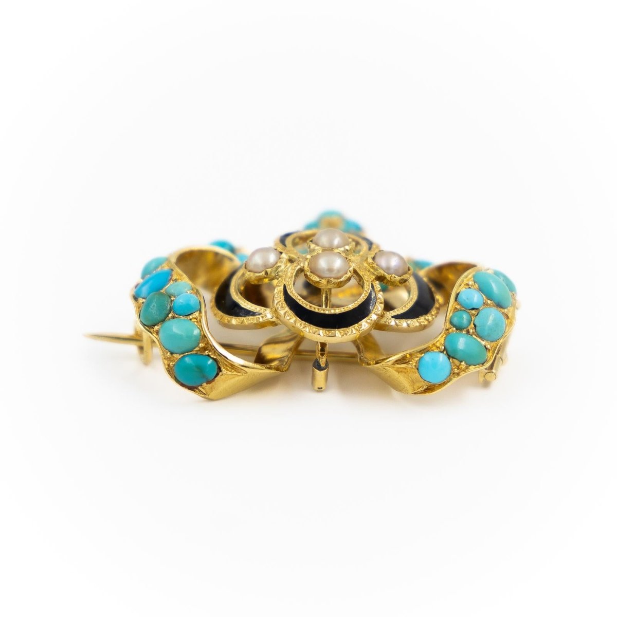 Broche nœud en or jaune, turquoise et perles - Castafiore