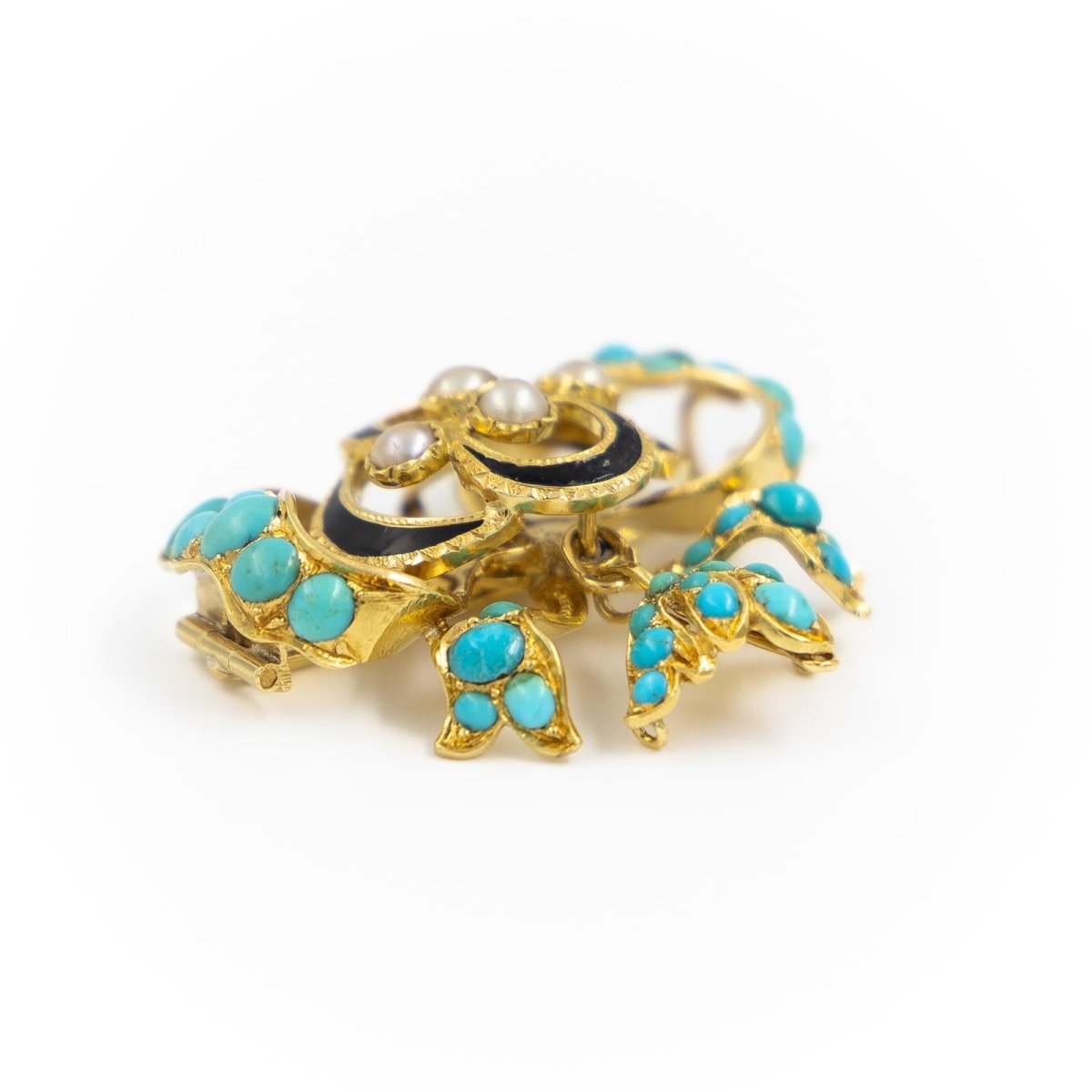 Broche nœud en or jaune, turquoise et perles - Castafiore