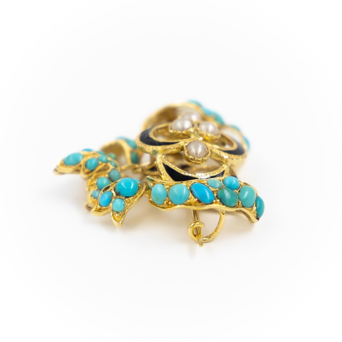 Broche nœud en or jaune, turquoise et perles - Castafiore