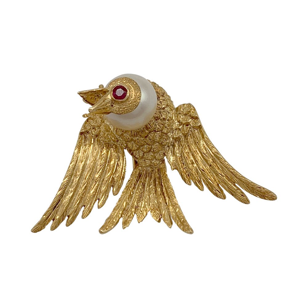Broche oiseau en or jaune, rubis, perle - Castafiore