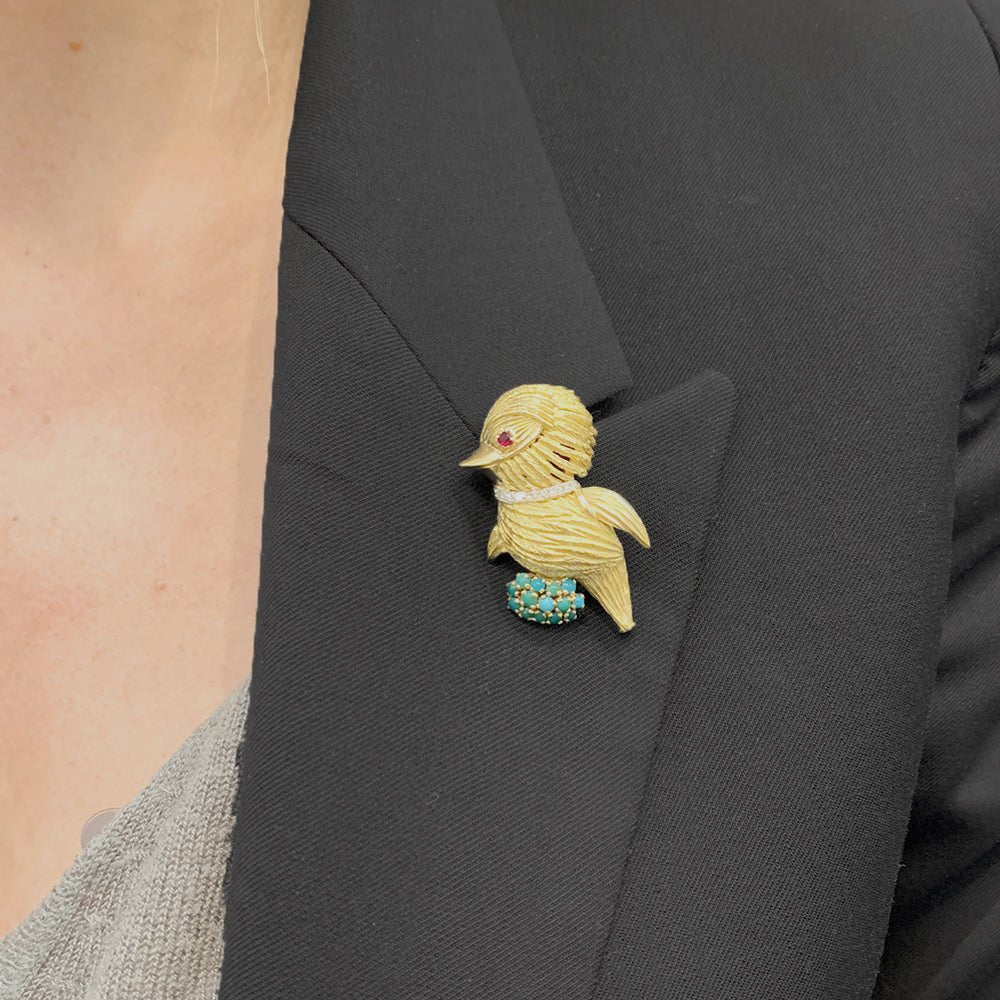 Broche Oiseau en or jaune, rubis, turquoises et diamants - Castafiore