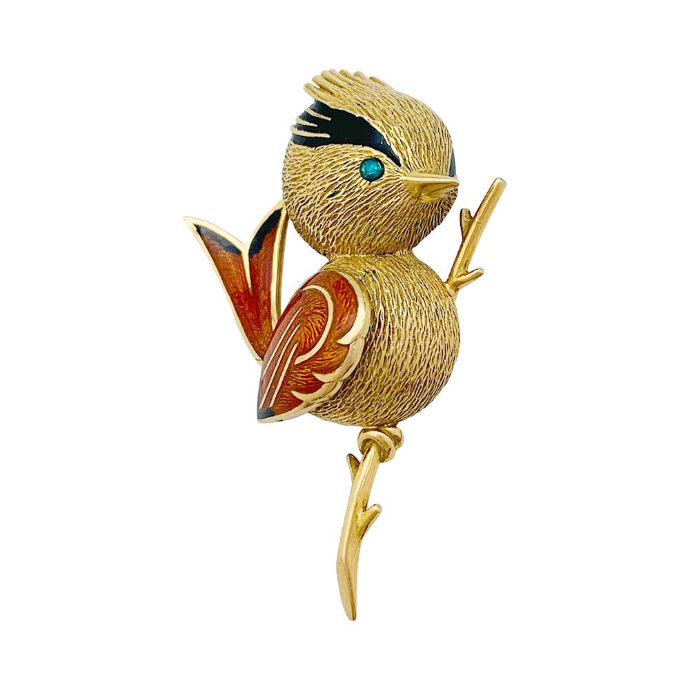 Broche "Oiseau Huppé" or jaune, émeraude, émail - Castafiore