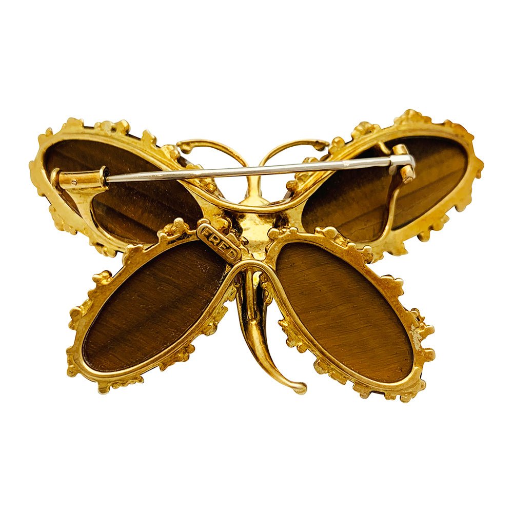 Broche Papillon FRED, or jaune, corail, diamants et oeil de tigre - Castafiore