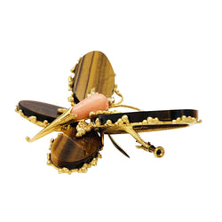 Broche Papillon FRED, or jaune, corail, diamants et oeil de tigre - Castafiore
