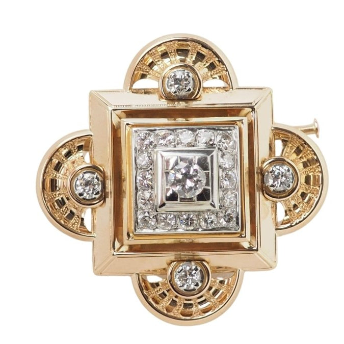 Broche pendentif ancienne en or jaune 18 carats et diamants - Castafiore