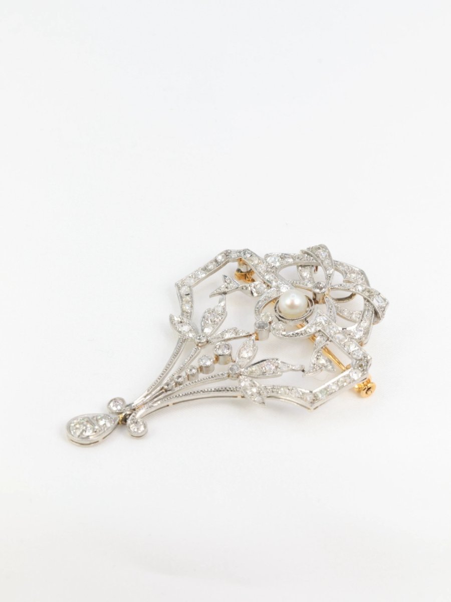 Broche Pendentif Belle Epoque en or, platine, perle et diamants - Castafiore
