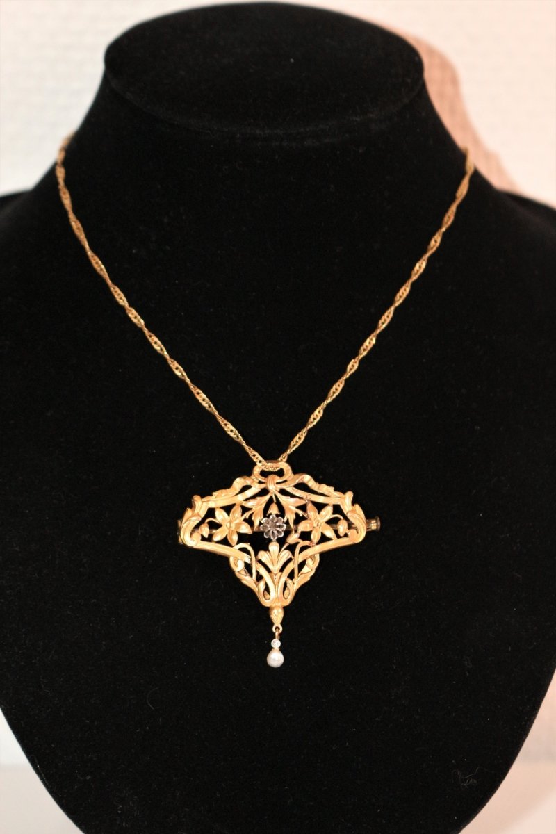 Broche - Pendentif en or jaune et platine et en perle - Castafiore