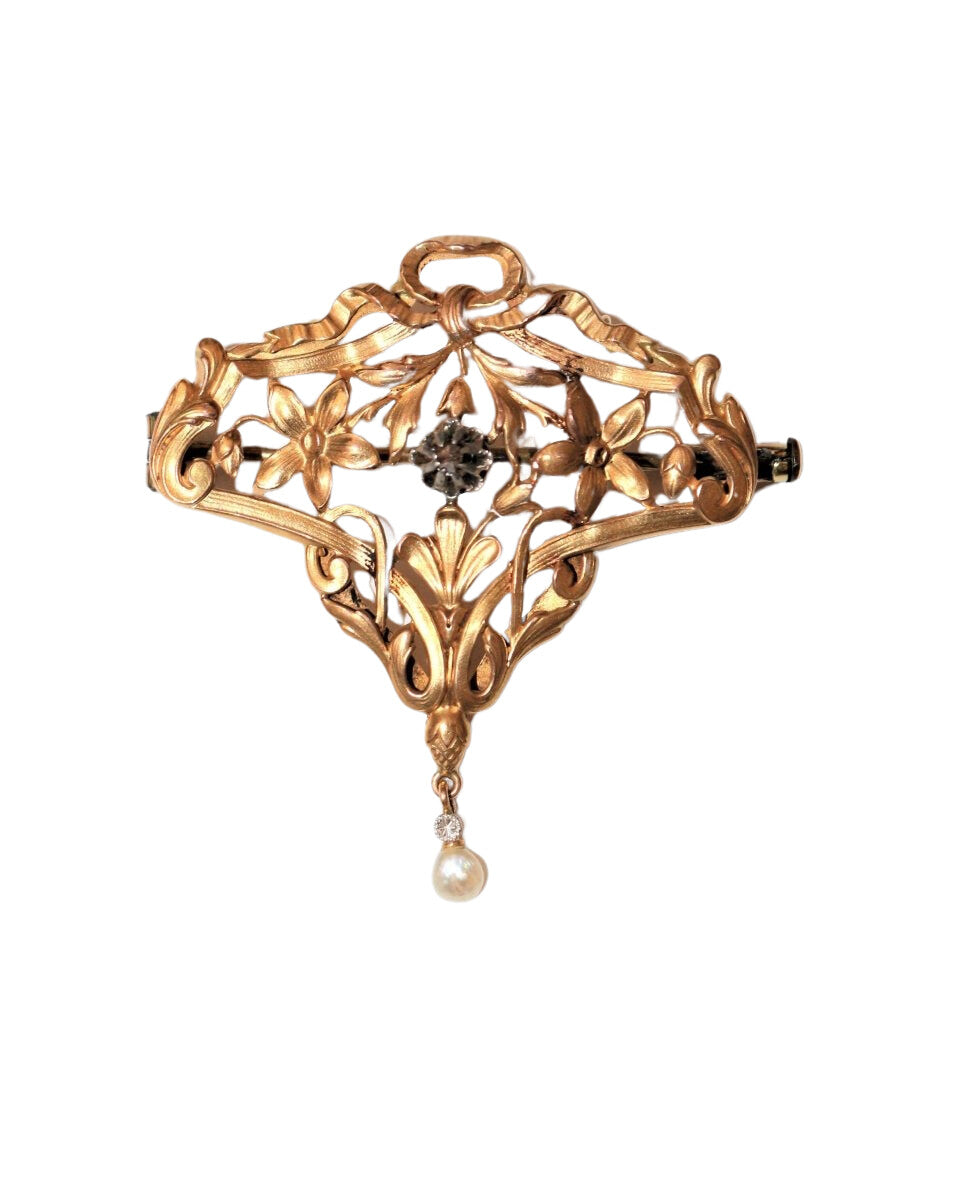Broche - Pendentif en or jaune et platine et en perle - Castafiore