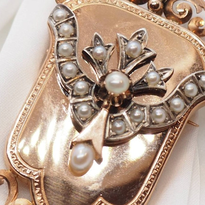 Broche pendentif Napoléon III en or rose, ornée de perles - Castafiore