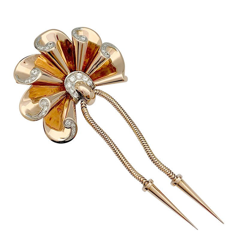 Broche vintage or rose, platine et diamants - Castafiore