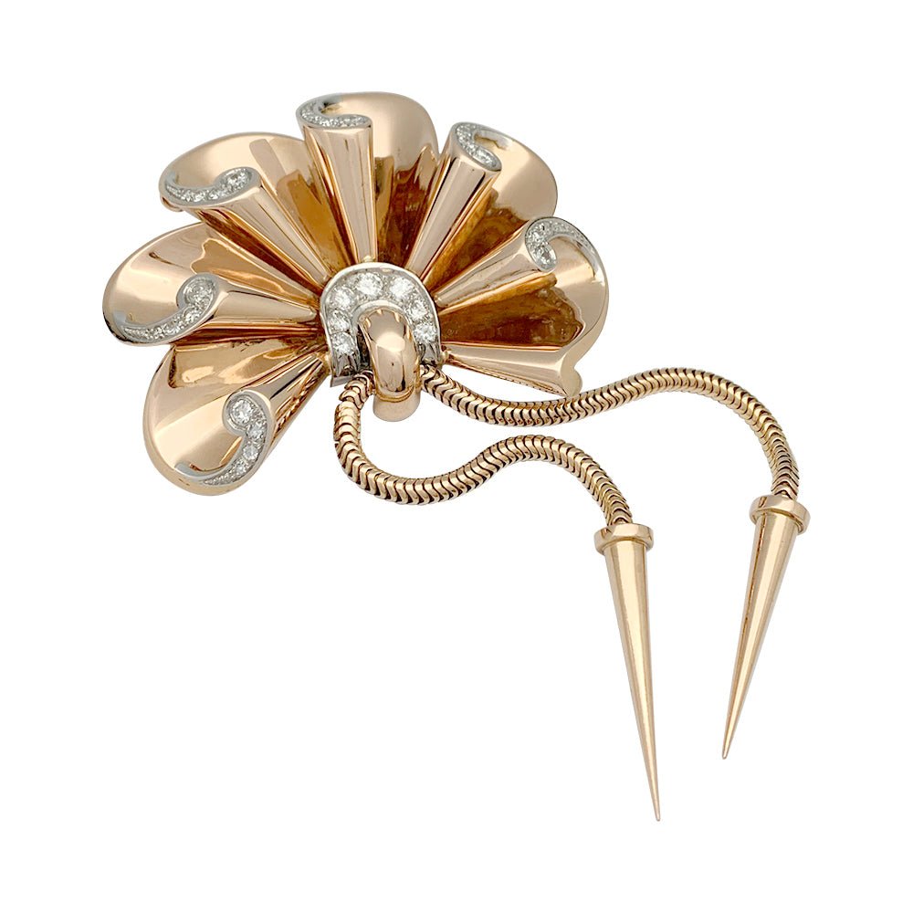 Broche vintage or rose, platine et diamants - Castafiore